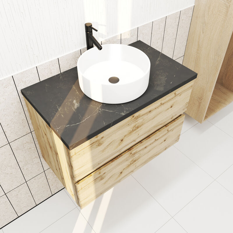 foto del prodotto aurlane mobili bagno 80 cm rovere naturale 2 cassetti e piano effetto marmo nero lavabo rotondo bianco