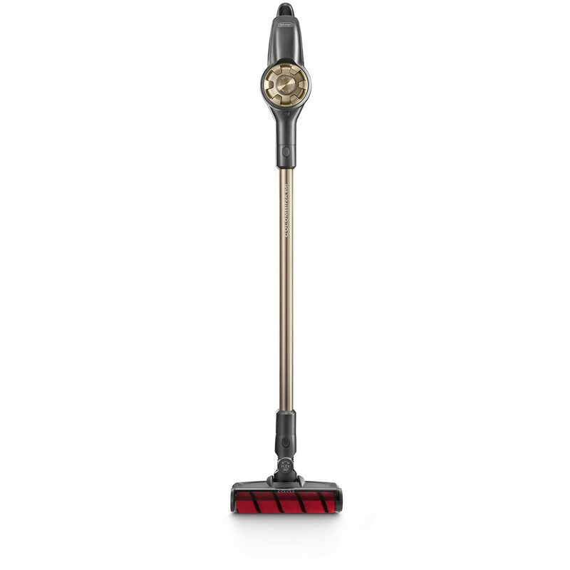 foto del prodotto de longhi xlm418.gcg, scopa elettrica senza filo e senza sacco ricaricabile, ricarica veloce, spazzola motorizzata, 4 stadi di filtrazione, nero oro,