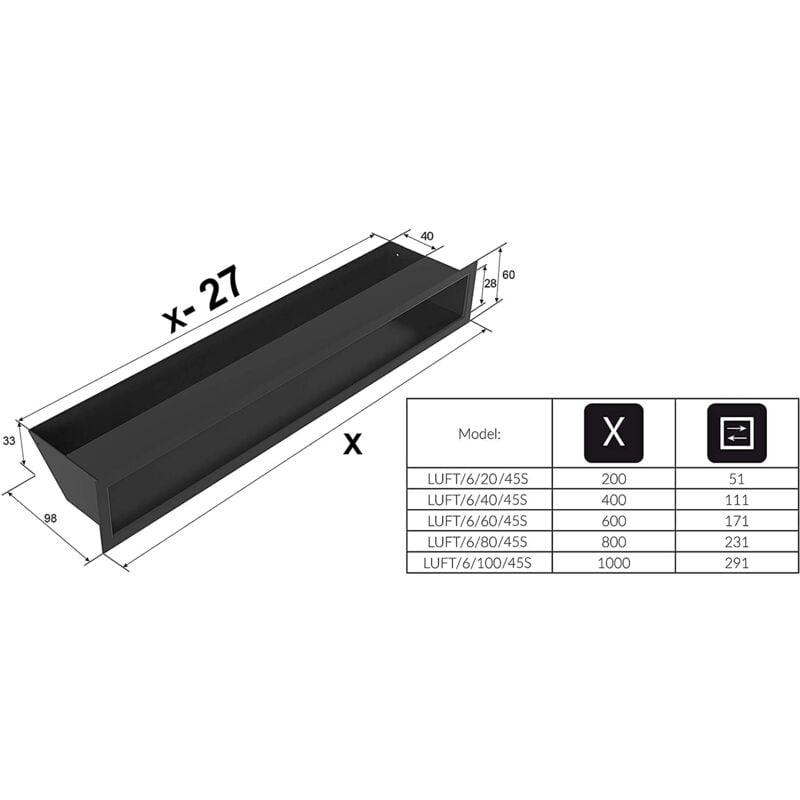 foto del prodotto kratki griglia di ventilazione air griglia aria calda 6 x 40 cm nero griglia di scarico per ventilazione camino presa d aria con un angolo di 45