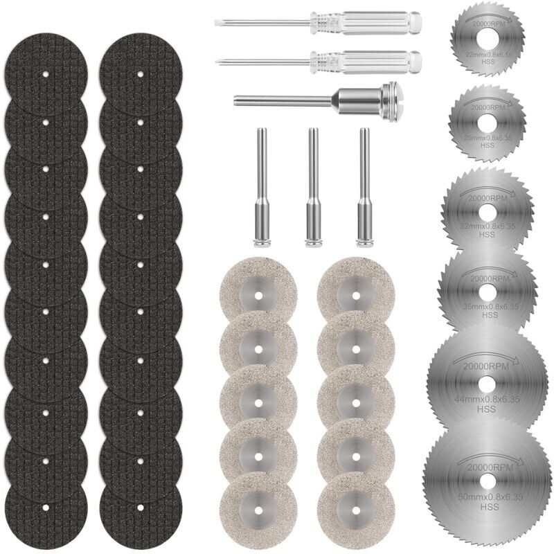 foto del prodotto 36pcs mini disque diamant tron onner, disques de coupe pour dremel, hss en r sine lame scie circulaire avec 5 mandrins sc et 2 tournevis pour