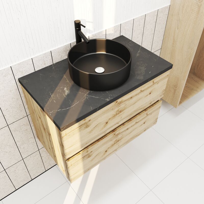 foto del prodotto aurlane mobili bagno 80 cm rovere naturale 2 cassetti e piano effetto marmo nero lavabo rotondo nero