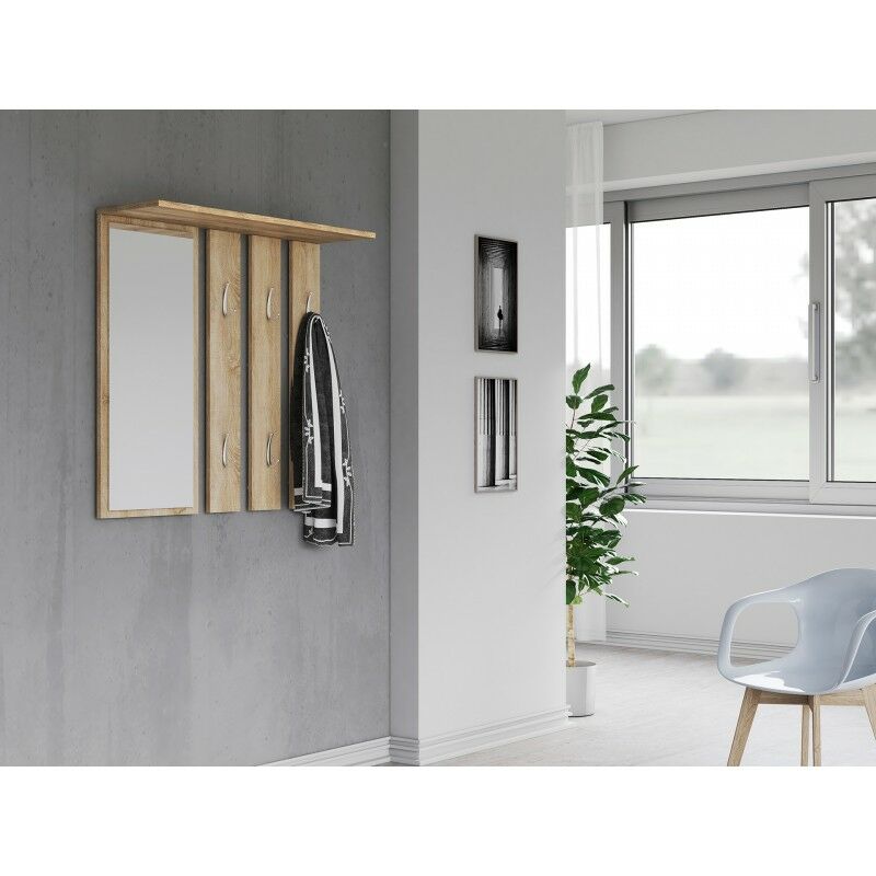 foto del prodotto reggy appendiabiti da parete specchio grande 6 ganci doppi mensola mobili ingresso 85x82x15cm