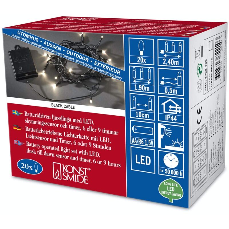 foto del prodotto 3722 100 catena di luci led con interruttore sensore di luci timer da 6 e 9 ore uso esterno ip44 20 diodi bianco caldo a batteria cavo nero box