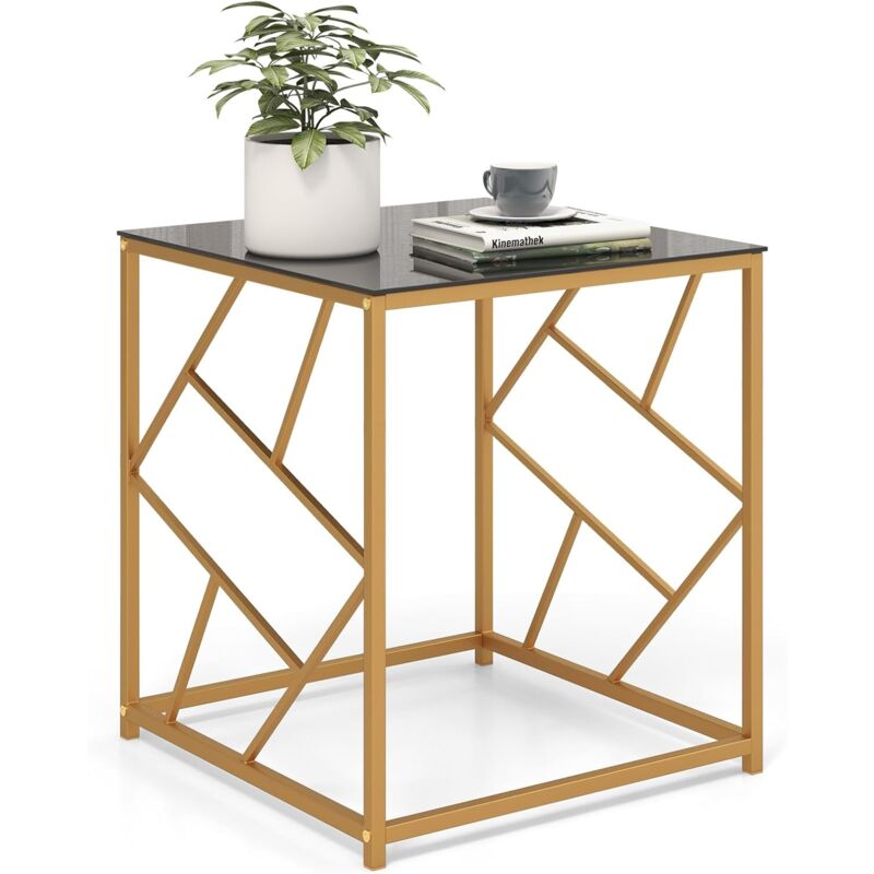 foto del prodotto costway tavolino da salotto quadrato, tavolino moderno con piano in vetro temperato e struttura geometrica dorata, tavolino elegante per soggiorno