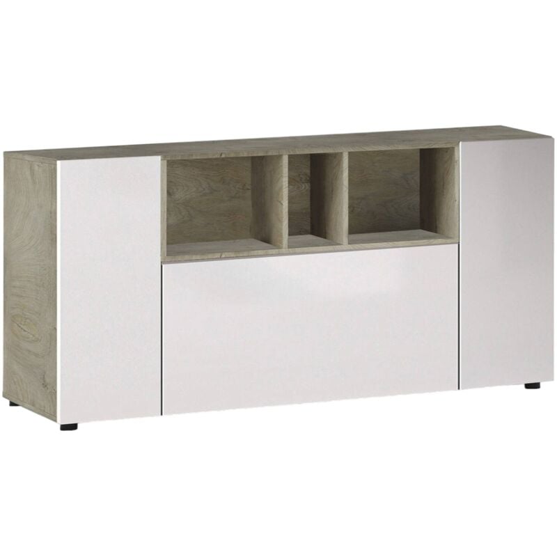 foto del prodotto credenza, madia moderna a 3 ante, buffet da soggiorno con scomparti, madia da salotto, mobile porta tv, cm 150x41h76, bianco e rovere