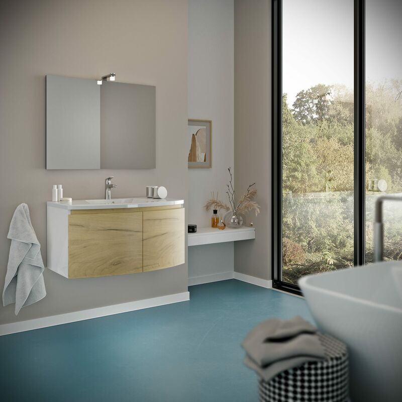 foto del prodotto kiamami valentina mobile lavabo bagno curvo 80 cm scocca bianco e ante rovere miele garda