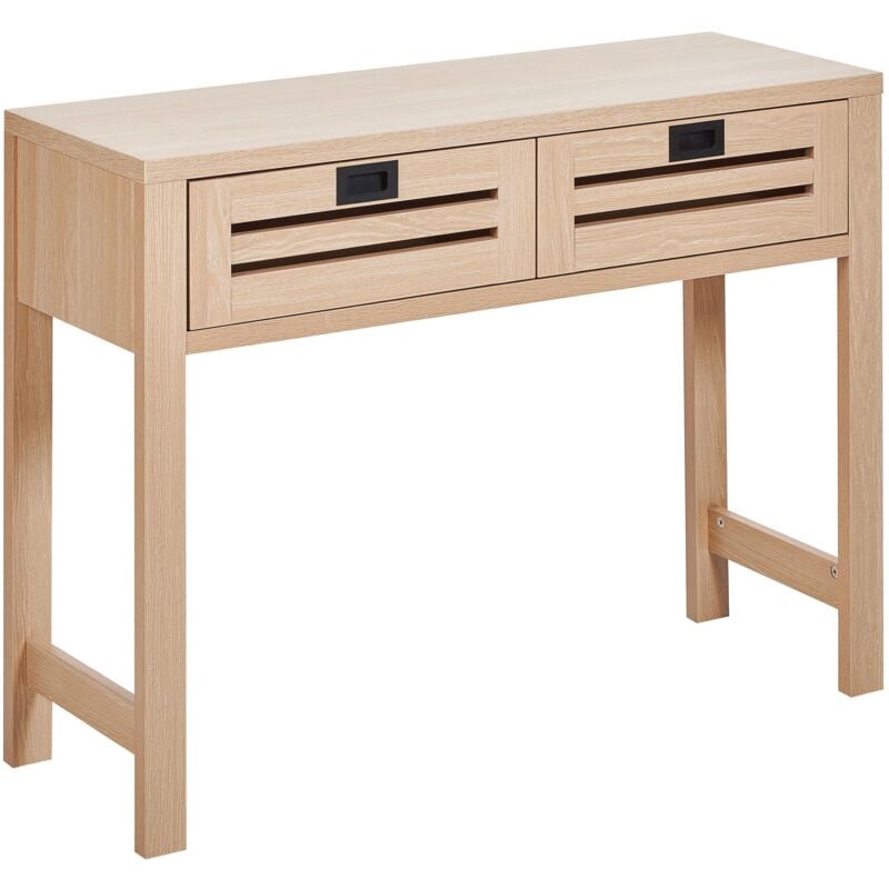 foto del prodotto consolle a 2 cassetti effetto legno tavola in legno maniglie nere soggiorno moderno tono legno chiaro randa