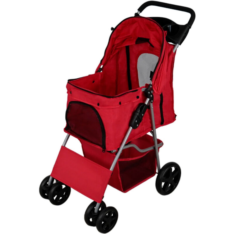 foto del prodotto monster shop passeggino per animali domestici passeggino rosso trasportino da viaggio pieghevole portata 15kg 4 ruote freni gatto cane gancio di