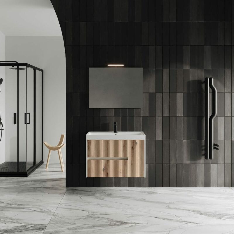 foto del prodotto kiamami valentina mobile bagno cm 80 rovere oro cannettato con specchio cortina