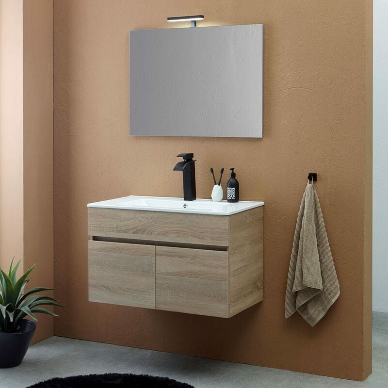 foto del prodotto kiamami valentina mobile bagno sospeso 80cm 2 ante rovere brown, specchio 80x60 silvia
