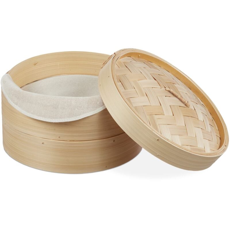 foto del prodotto relaxdays 25 cm, naturale vaporiera cinese in bamb , cestello a 2 piani per cottura a vapore, per riso verdure, 26 cm