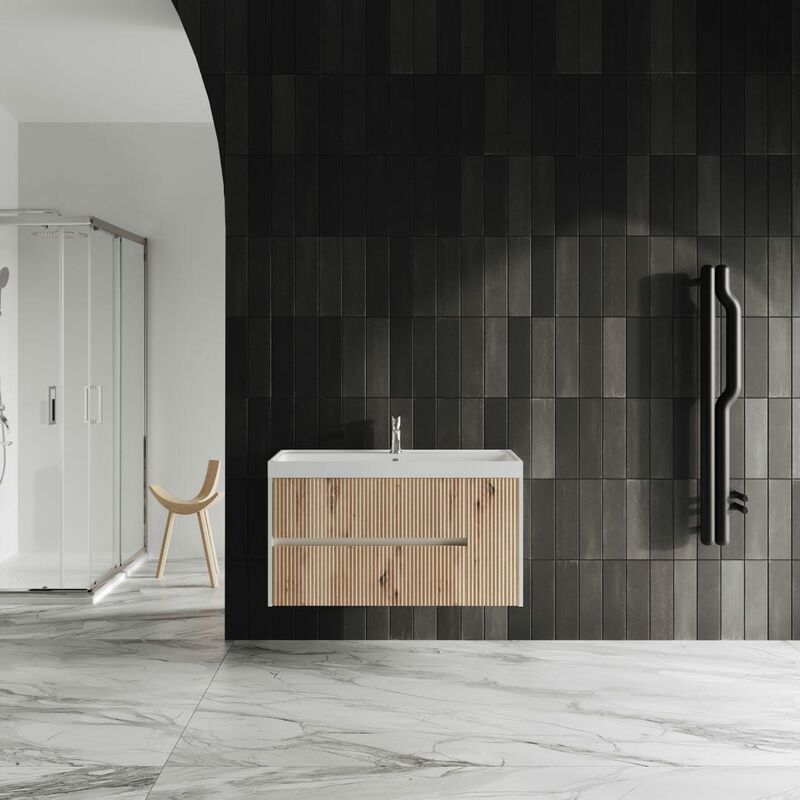 foto del prodotto kiamami valentina mobile bagno sospeso 100cm rovere oro senza specchio cortina