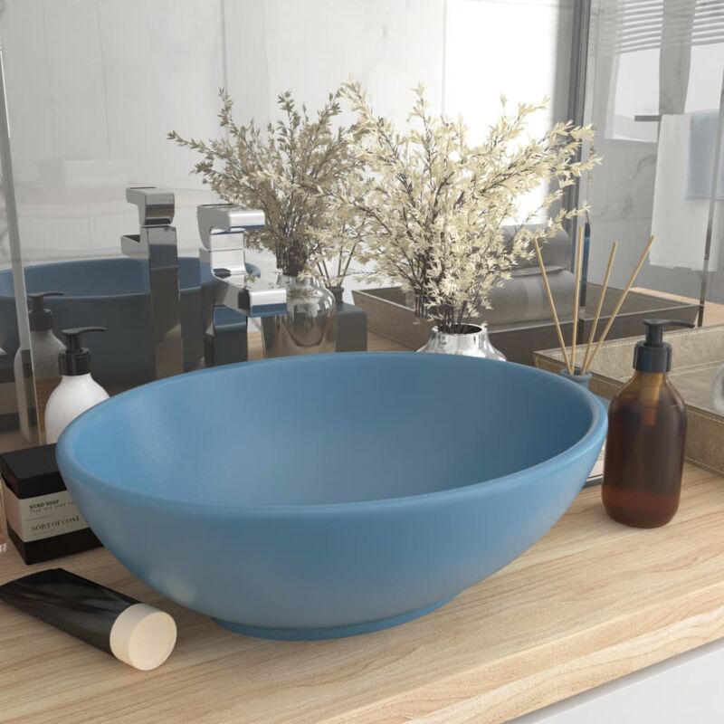 foto del prodotto lavabo da appoggio lavandino bagno vasca lavatoio lusso ovale azzurro opaco 40x33 cm in ceramica kwi7830 bonnevie blu