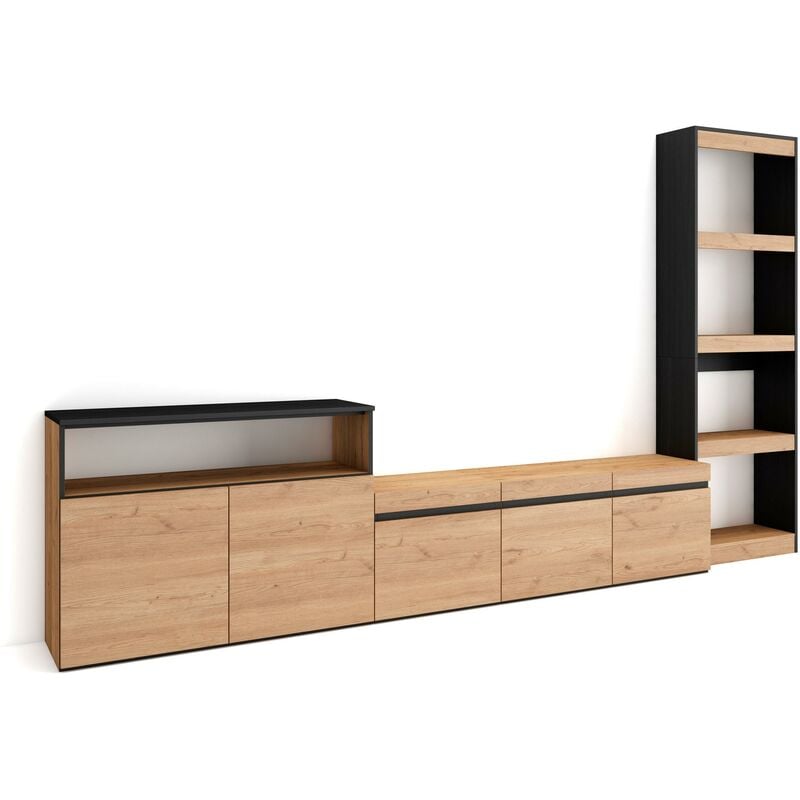 foto del prodotto mobile soggiorno tv, parete attrezzata soggiorno, 310x186x35cm, per tv fino a 65 , set di mobili, stile moderno, rovere e nero skraut home
