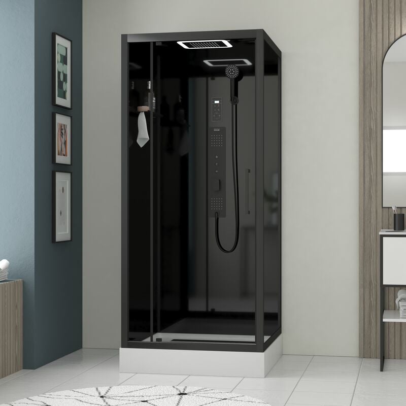 foto del prodotto cabina doccia quadrata 90x90x218 cm porta girovele pannelli e profili nero opaco
