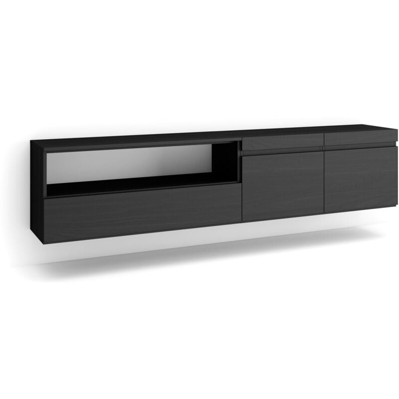 foto del prodotto mobile tv soggiorno, ampio spazio a disposizione, 200x45x35cm, per tv fino a 80 , sospeso, da appendere, stile moderno, nero skraut home