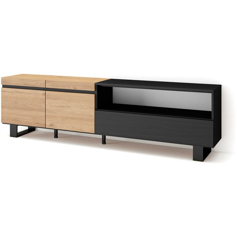 foto del prodotto mobile tv soggiorno, ampio spazio a disposizione, 200x57x35cm, per tv fino a 80 , design industriale, stile moderno, rovere e nero skraut home