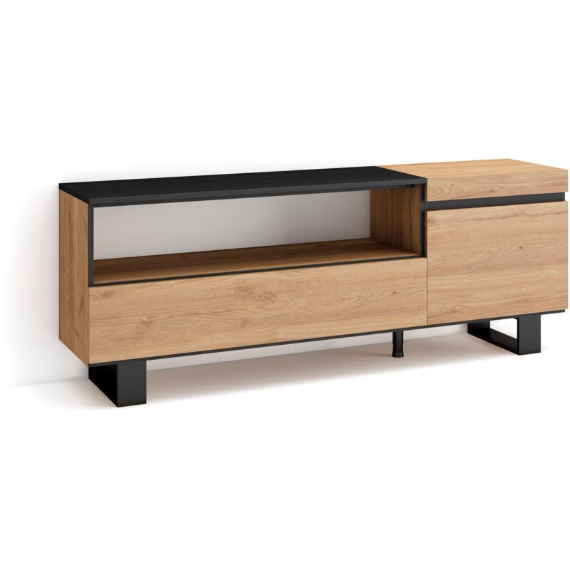 foto del prodotto skraut home mobile tv soggiorno, ampio spazio a disposizione, 150x57x35cm, per tv fino a 65, design industriale, stile moderno, rovere e nero
