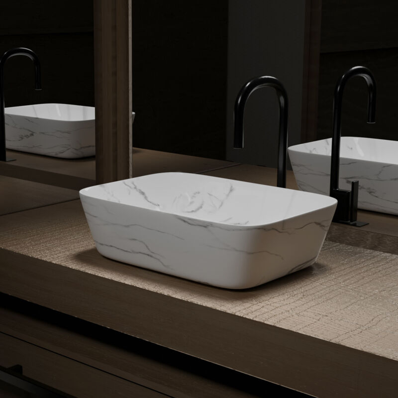 foto del prodotto lavabo rettangolare da appoggio in ceramica bianco opaco finitura marmo 45,5x32,5x13cm white marble