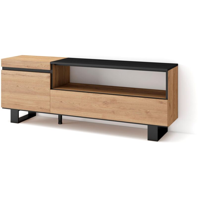 foto del prodotto skraut home mobile tv soggiorno, ampio spazio a disposizione, 150x57x35cm, per tv fino a 65, design industriale, stile moderno, rovere e nero