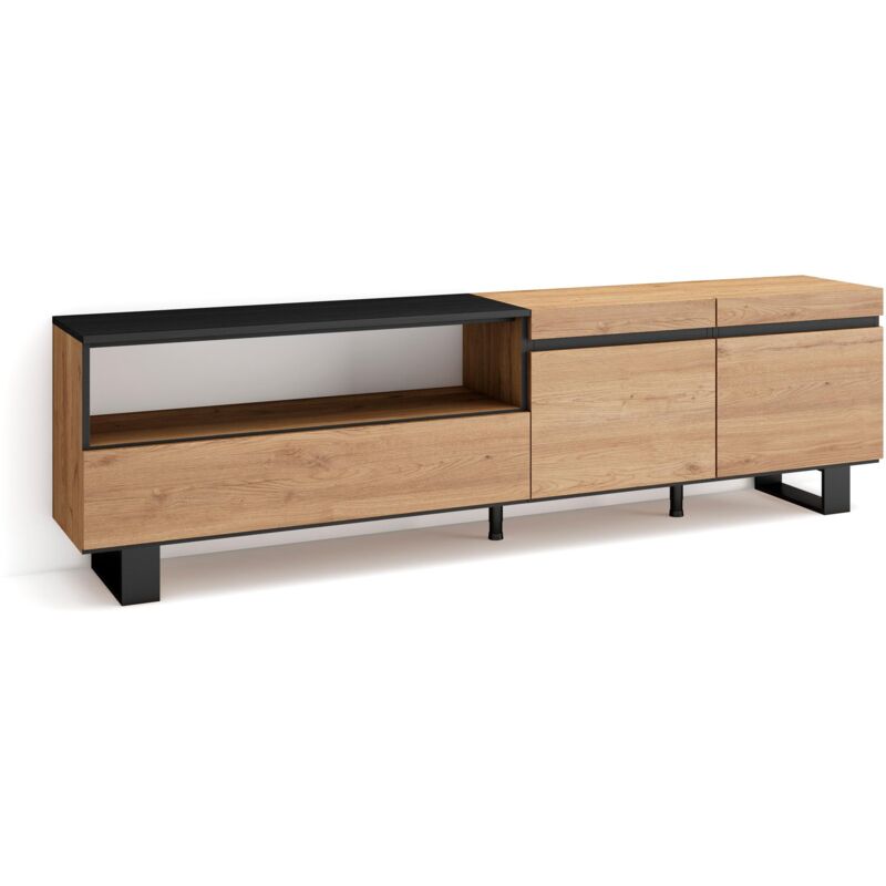 foto del prodotto mobile tv soggiorno, ampio spazio a disposizione, 200x57x35cm, per tv fino a 80 , design industriale, stile moderno, rovere e nero skraut home