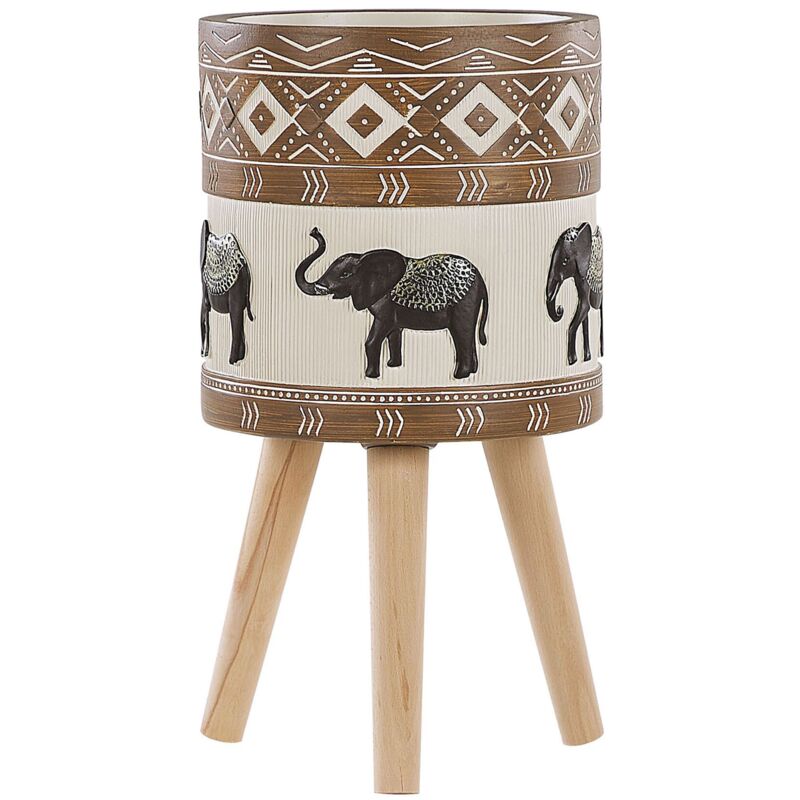foto del prodotto beliani vaso per fiori rialzato con motivo ad elefanti beige e marrone 30 cm achilio
