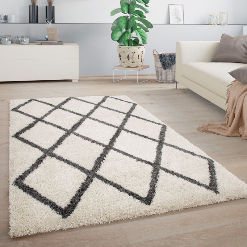 foto del prodotto paco home tappeto salotto pelo lungo shaggy motivo scandinavo diamante bianco antracite 80x150 cm