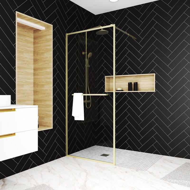foto del prodotto aurlane parete doccia oro spazzolato 90x200cm portasciugamani e mensola