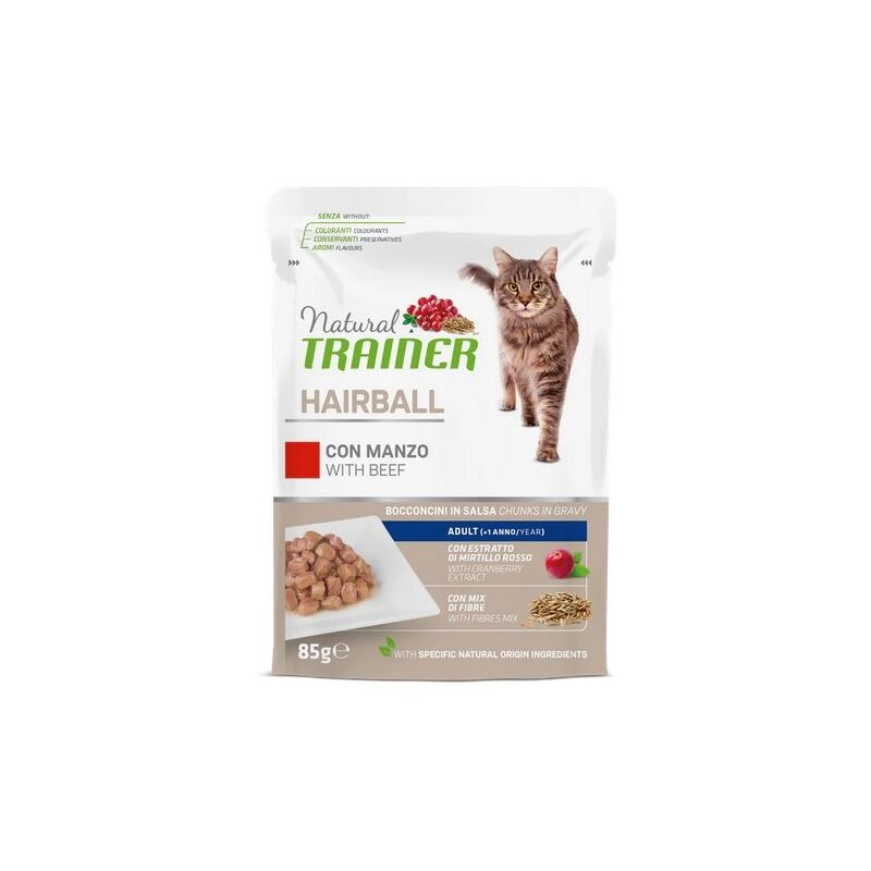 foto del prodotto gatto natural trainer busta 85gr hairball manzo