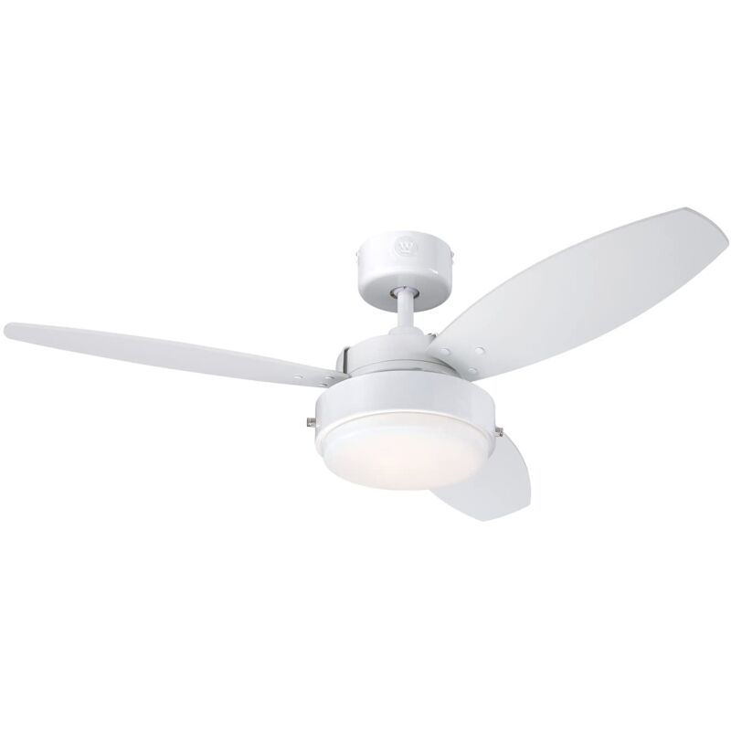 foto del prodotto westinghouse lighting 73058 alloy, moderno ventilatore da soffitto con luce, 105 cm, finitura bianca, vetro smerigliato opale