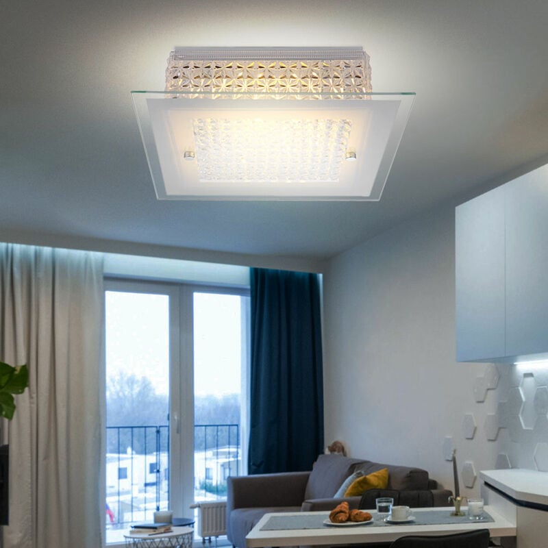 foto del prodotto plafoniera led cristalli cristallo vetro opale plafoniera soggiorno, metallo cromato, led 12w 1030lm bianco caldo, lxlxh 30x30x8 cm