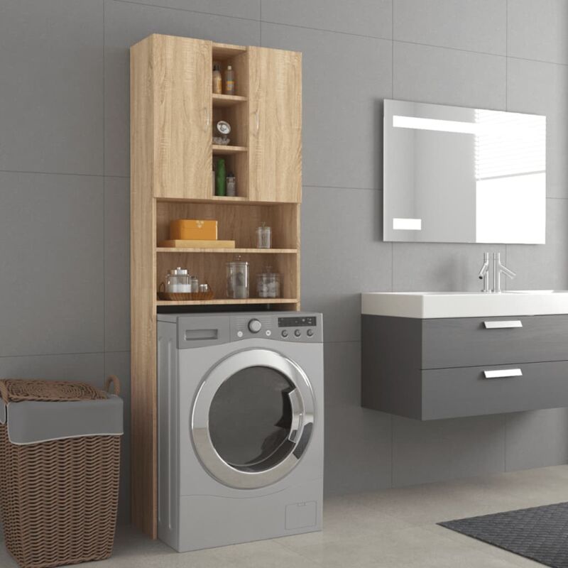 foto del prodotto armadietto da bagno mobile per lavatrice rovere sonoma 64x25,5x190 cm fw25076