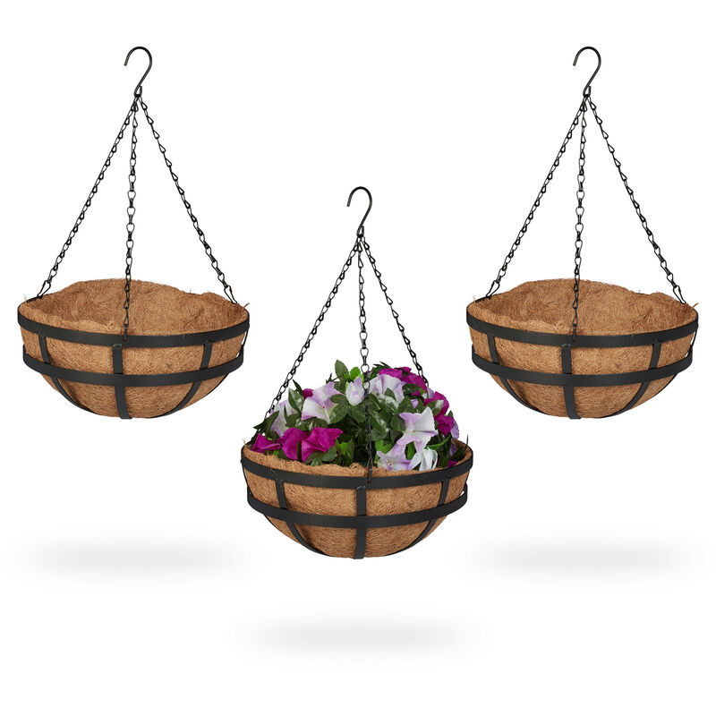 foto del prodotto relaxdays vasi sospesi per piante, set 3 portavasi in fibra di cocco e ferro, hd 50x31 cm, indoor outdoor, nero naturale