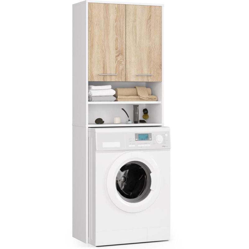 foto del prodotto colonna da bagno akord fin per incasso di una lavatrice bianca 64 cm 2 ante inserto frontale sonoma quercia 64x30x180 cm