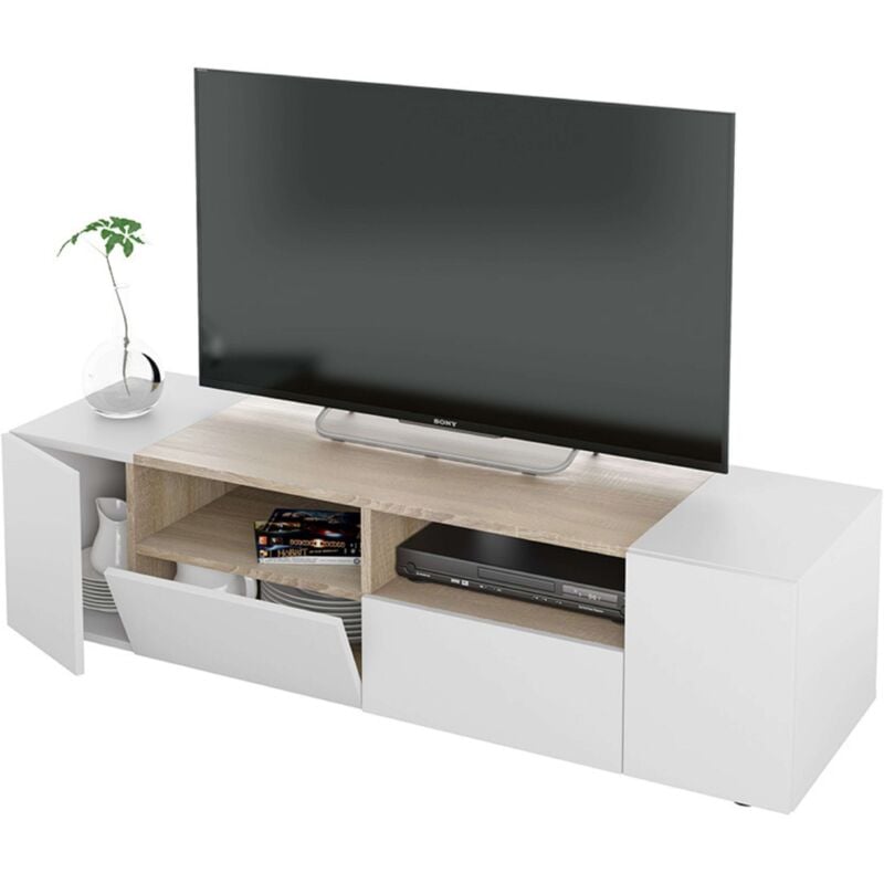 foto del prodotto mobile porta tv, credenza per televisione da soggiorno, supporto per tv moderno, credenza bassa multiuso, cm 138x42h36, bianco e rovere