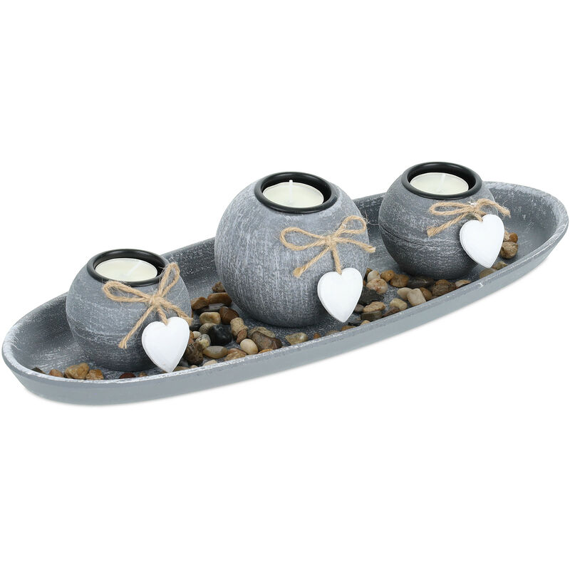 foto del prodotto relaxdays portacandele decorativo con vassoio e pietre, lungo 38 cm, decorazione per tavolino e soggiorno, grigio bianco