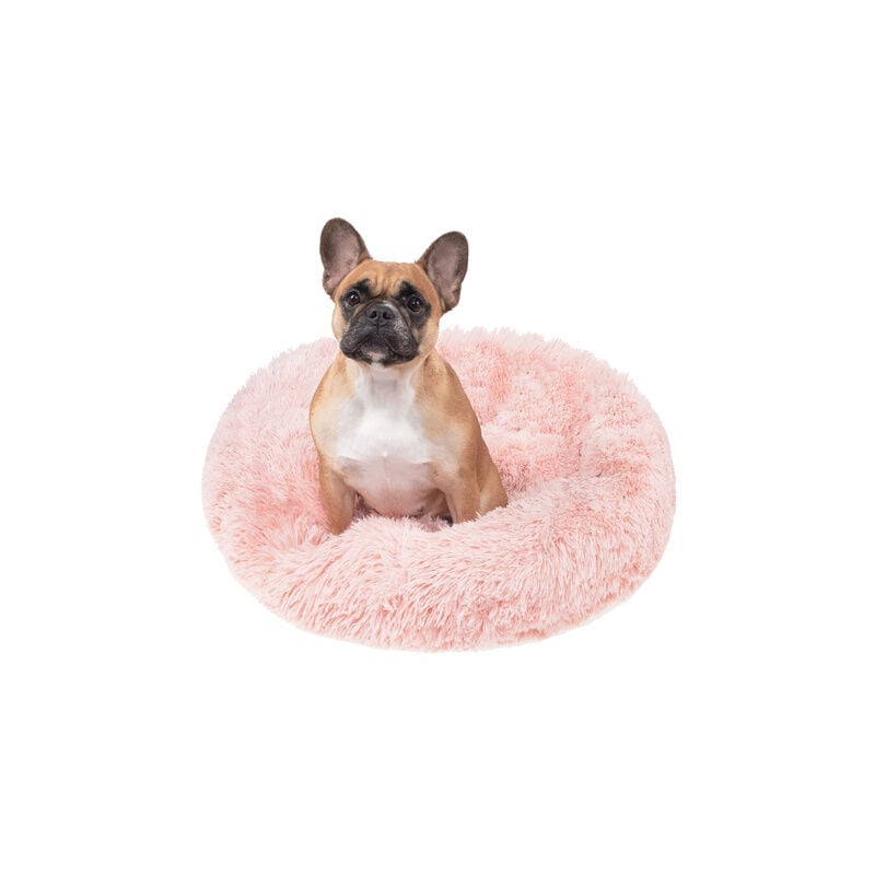 foto del prodotto cuccia per cane da 80 cm, cuscino peluche sporco rosa.