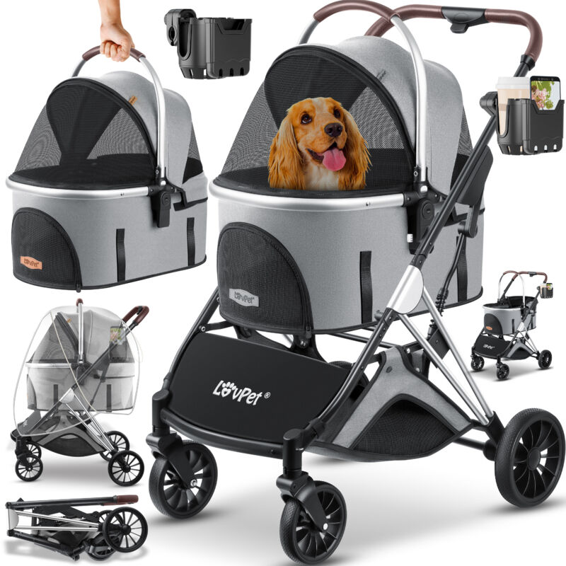 foto del prodotto lovpet passeggino per cani 3in1 dog buggy borsa per il trasporto del box per cani 360 ruote grandi buggy pieghevole per animali domestici con