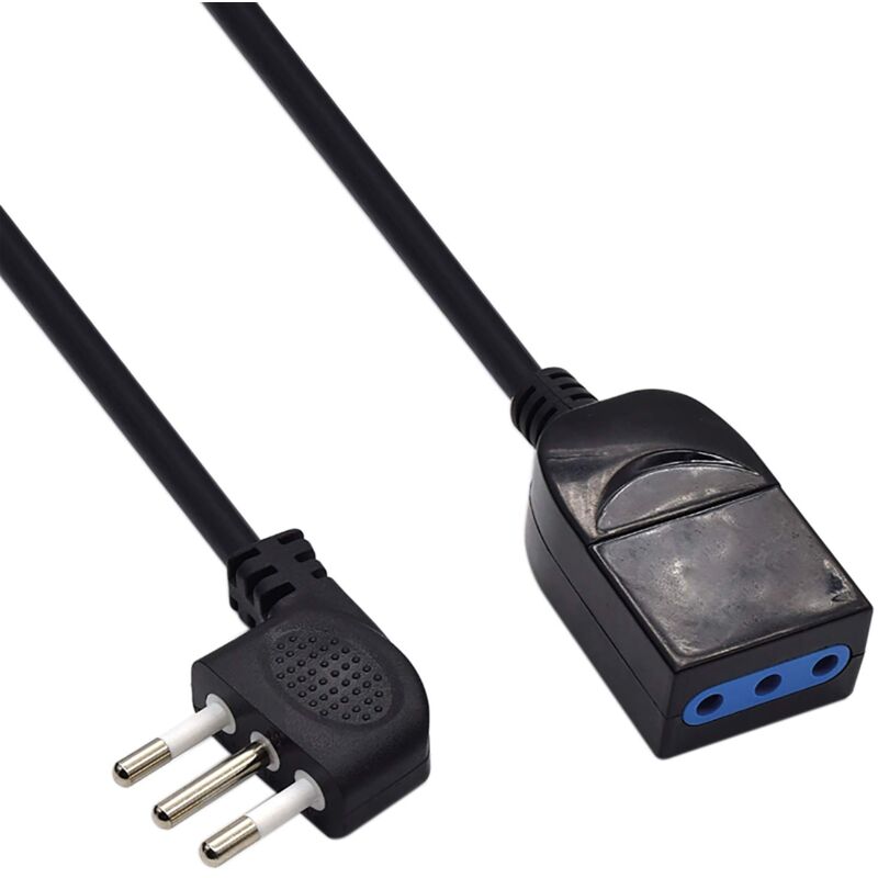 foto del prodotto ew3803 prolunga elettrica nera 5mt, spina italiana 10a 90 salvaspazio, presa italiana 10a, cavo h05vv f 3x0,75mm2 presa con protezione bambini