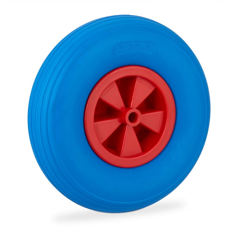 foto del prodotto ruota per carriola 3.50 6, gomma piena, cerchione plastica, ruotino scorta antiforatura, 100 kg, blu rosso relaxdays