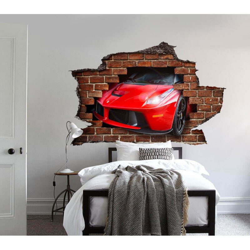 foto del prodotto adesivo parete ferrari effetto 3d foro su mattoni wall sticker adesivo per muro ferrari misura 150x100 cm