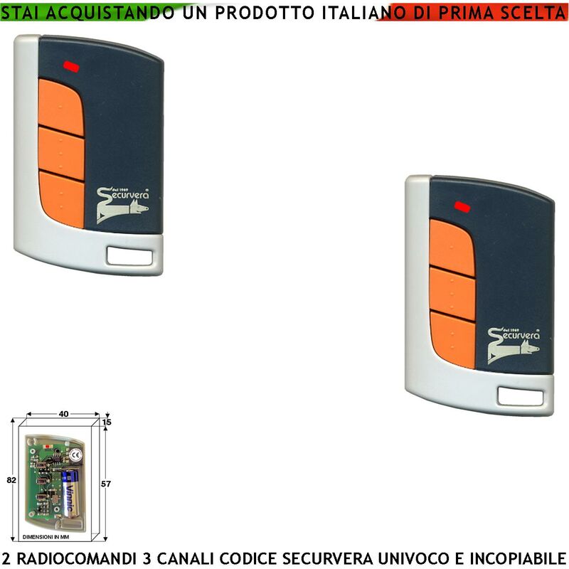 immagine 0 del prodotto securvera radiocomando cancello 3 canali 2 pezzi frequenza 433,92 mhz potenza 1 mw portata aria libera 60 100 mt codice sicurezza rolling code 66