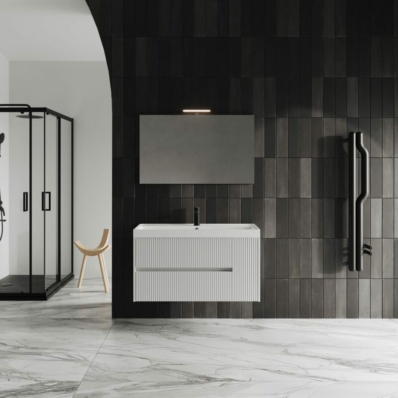 foto del prodotto kiamami valentina mobile bagno cannettato 100cm bianco opaco specchio 100x60 cortina