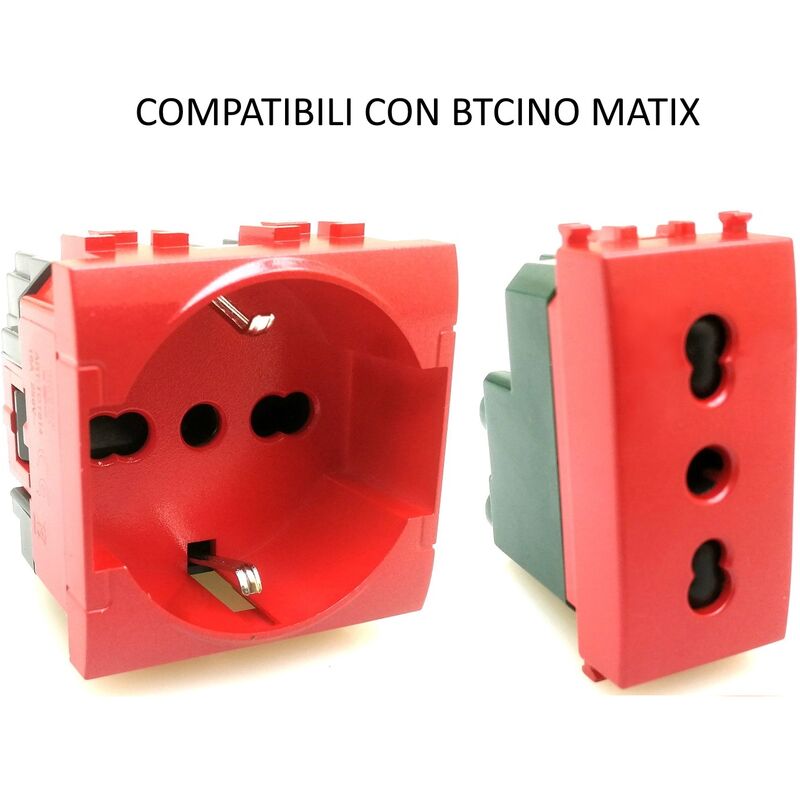 foto del prodotto presa bivalente e schuko rosso compatibili btcino matix per segnalazione ups frutti presa schuko