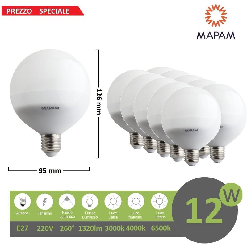 foto del prodotto x10 lampadina led e27 globo g95 12w attacco grande luce bianca naturale calda basso consumo mapam luce naturale