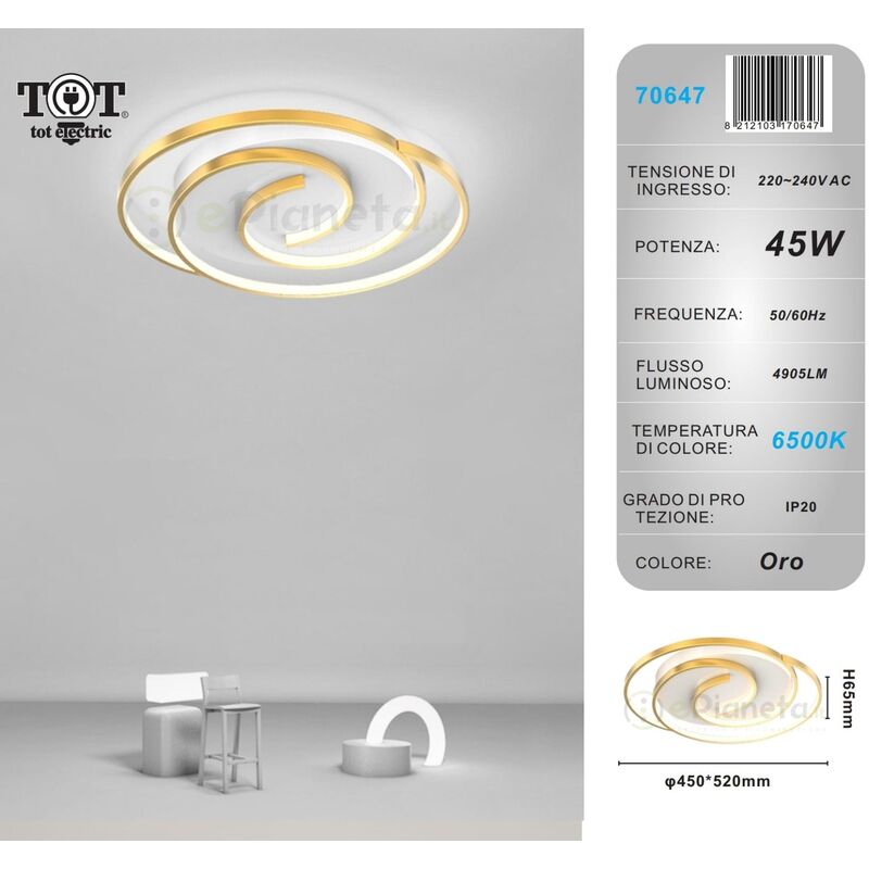 foto del prodotto plafoniera led 45w cerchio spirale vortice oro lampadario da soffitto moderno luce fredda naturale bianco freddo