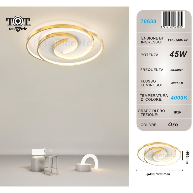 foto del prodotto plafoniera led 45w cerchio spirale vortice oro lampadario da soffitto moderno luce fredda naturale naturale