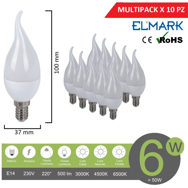foto del prodotto promopack x 10 pz lampadina led candela e14 6w attacco piccolo fiamma tortiglione basso consumo fredda naturale calda naturale 4000k