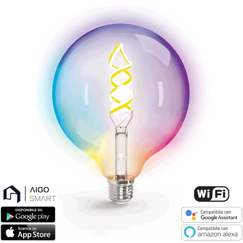 immagine 0 del prodotto lampadina led a filamento smart g125 e27 4,9w wifi rgb bianco caldo 2700k luce regolabile e dimmerabile aigostar