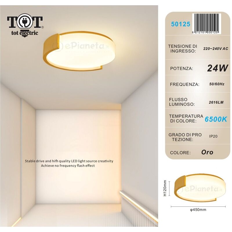 foto del prodotto plafoniera led 24w cerchio bianco oro design moderno lampadario da soffitto tonda luce fredda naturale oro luce fredda